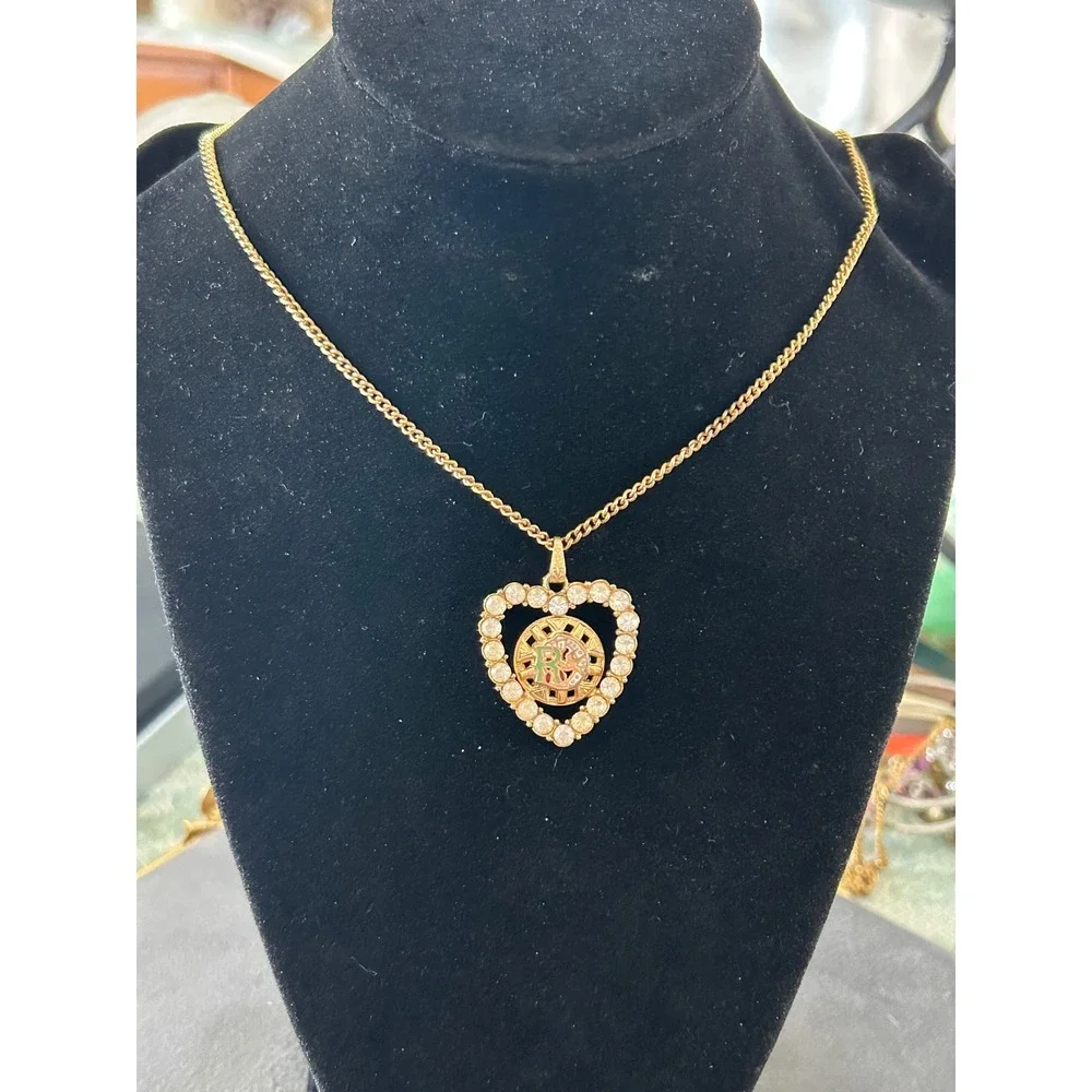 VTG‎ Gold Tone Rhinestone Daughter's of Rebekah Heart Pendant Necklace